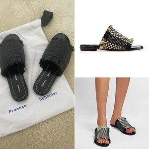 $595 Proenza Schouler Black Woven Flat Slides Sandals